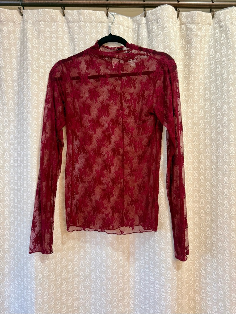 Amazon Burgundy Sheer Lace Long-Sleeve Top